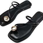 Leather Strappy Flat Metal Toe Ring Sandals Fashionable Square Open Toe Low Block Heel Slip-On Clip Toe Slide Sandals Casual Summer Beach Slipper
