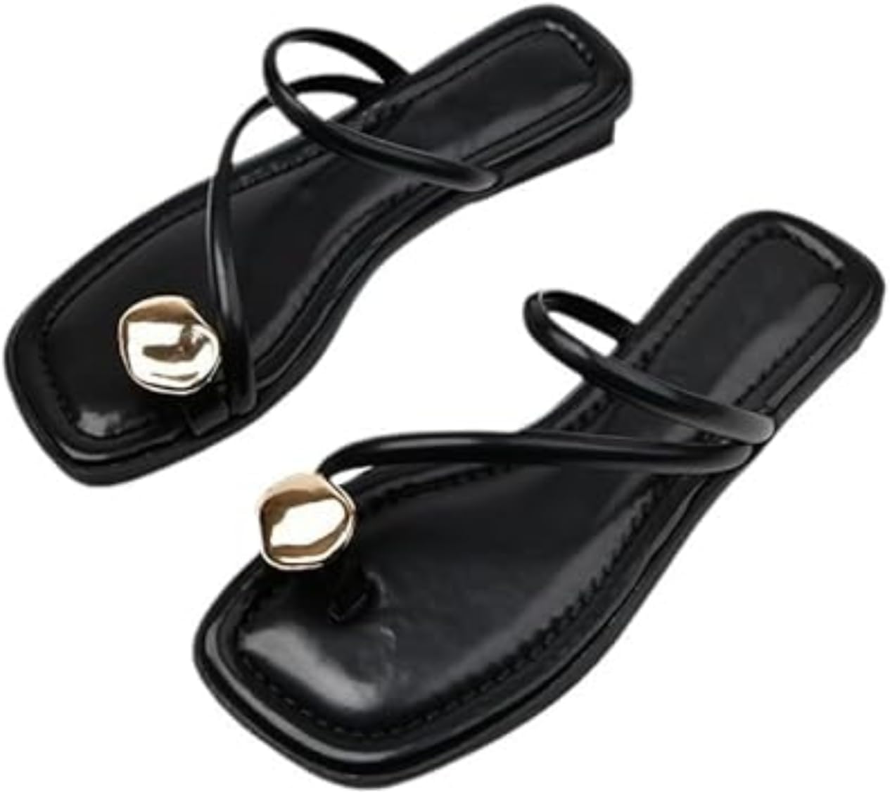 51Ygc9lqxfL._AC_SL1500_.jpg Leather Strappy Flat Metal Toe Ring Sandals Fashionable Square Open Toe Low Block Heel Slip-On Clip Toe Slide Sandals Casual Summer Beach Slipper - Image 1