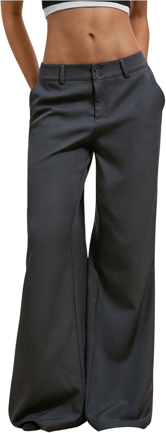 51YrQGXkX4L._AC_SL1500_.jpg Women's Low Rise Trousers Dress Pants Dressy Low Waisted Wide Leg Straight Business Casual Work Slacks Pants - Image 1