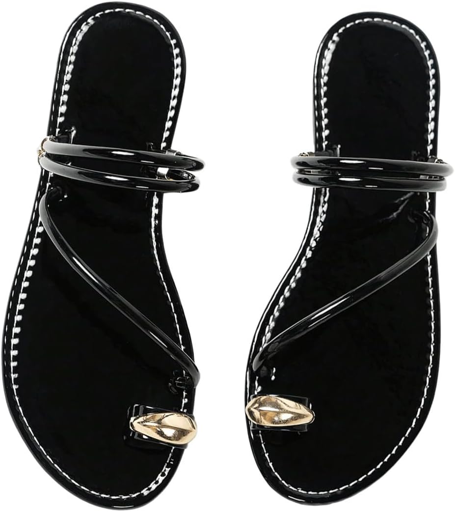 61LiRXIR9EL._AC_SL1500_.jpg Metallic Open Toe Ring Sandals Summer Strappy Flat Sandals - Image 1