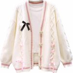 Women’s Cute Sweet Cardigan Sweater Kawaii Love Button Long Sleeve V-Neck Bowknot Knitted Outerwear