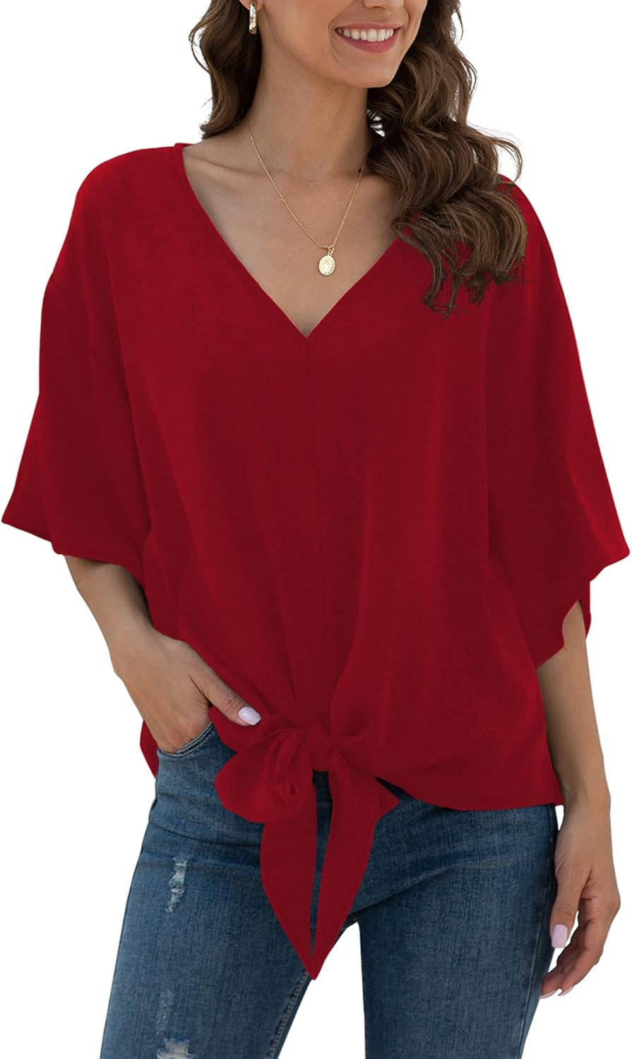 61xEKoZivgL._AC_SL1500_.jpg Womens Tie Front Chiffon Blouses V Neck Batwing Short Sleeve Summer Floral Tops Shirts - Image 1