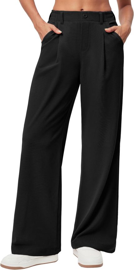 Wide Leg Stretchy Work Pants Slacks for Women Business Casual Pants High Waisted Waffle 26''/28'' Dress Pants