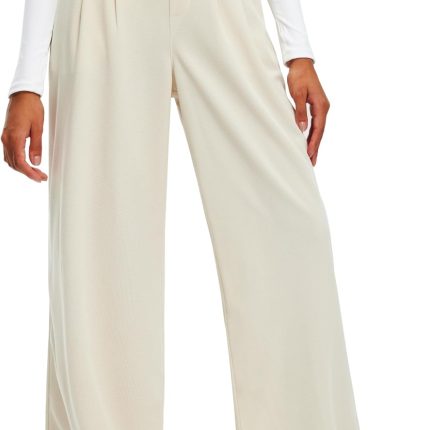 Women's Wide Leg Pants 27"/29" High Waisted Waffle Knit Casual Slacks Work Pants Business  Trousers with Pockets