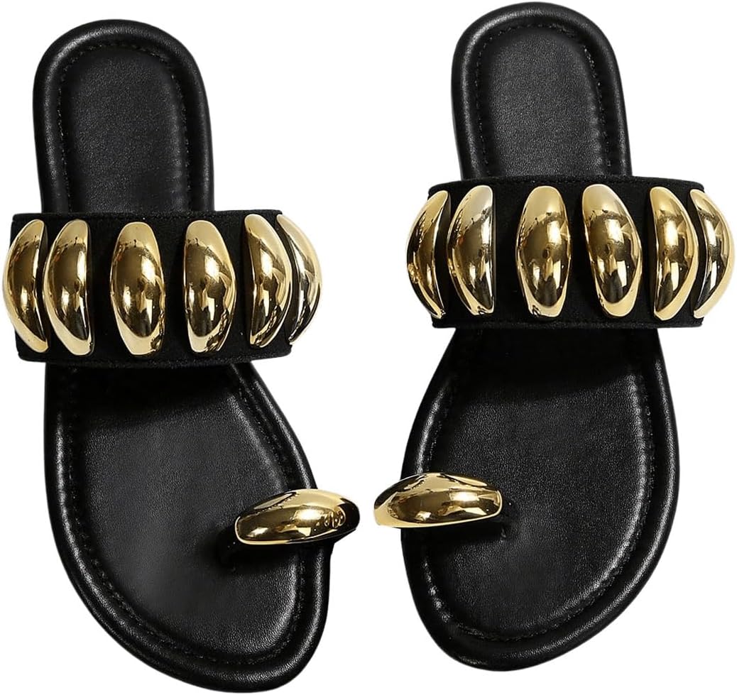 71Gg67b0ROL._AC_SL1500_.jpg Gold Metallic Flat Sandals Dressy Open Toe Flip Flops Slides Shoes - Image 1