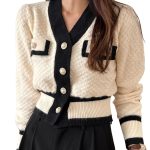 Women's Contrast Trim Long Sleeve Button Front V Neck Cardigan