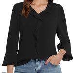 Womens 3/4 Length Sleeve Tops V Neck Dressy Casual Blouses Tunic Trendy Business Office Ruffle Work Shirts
