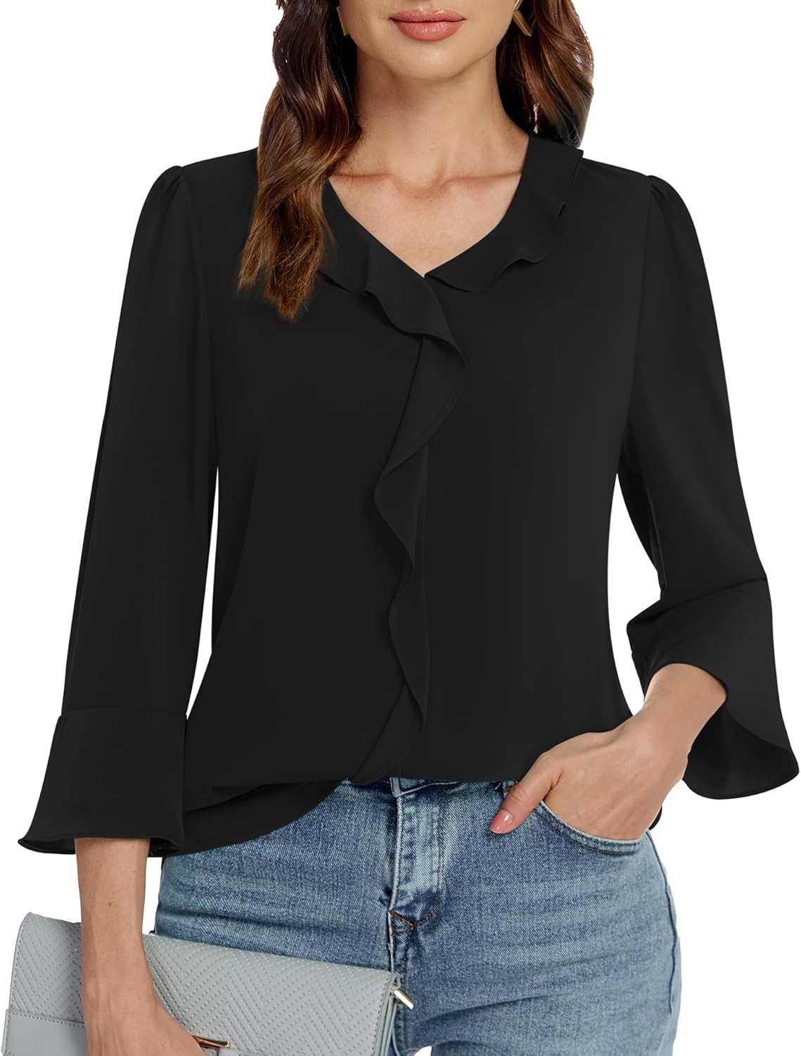 71SGjLgETSL._AC_SL1500_.jpg Womens 3/4 Length Sleeve Tops V Neck Dressy Casual Blouses Tunic Trendy Business Office Ruffle Work Shirts - Image 1