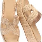 Raffia Platform Sandals for Slip-On Espadrille Wedges Slides, Flatform Woven Straw Summer Vacation Beach Shoes