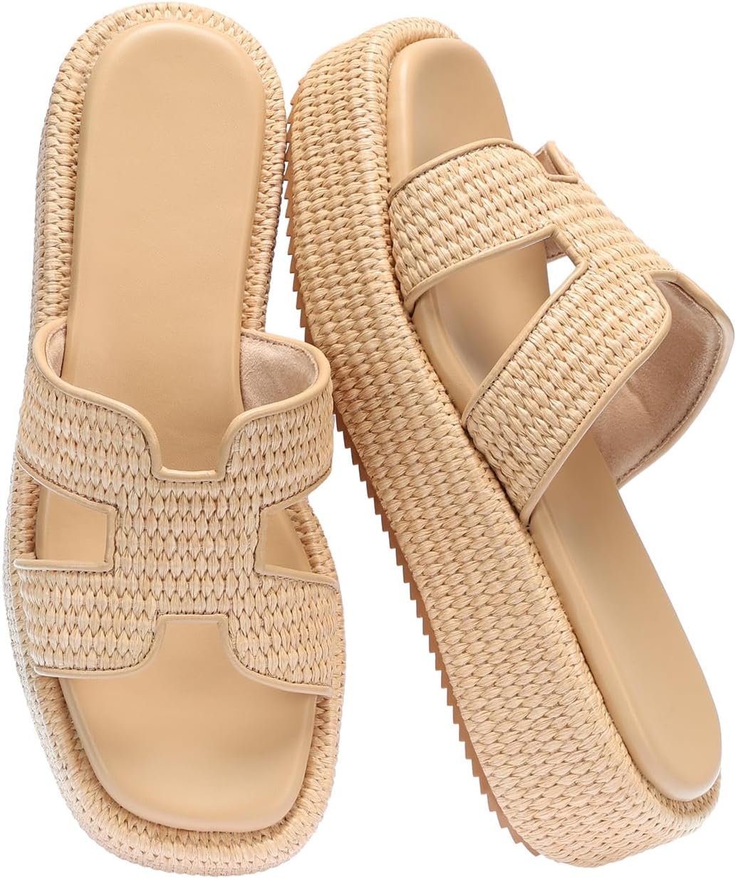 71Td3IAnifL._AC_SL1500_.jpg Raffia Platform Sandals for Slip-On Espadrille Wedges Slides, Flatform Woven Straw Summer Vacation Beach Shoes - Image 1