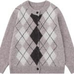 Women’s Vintage Argyle Knit Cardigan Preppy Style Button Down Sweater with Long Sleeves