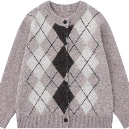 Women’s Vintage Argyle Knit Cardigan Preppy Style Button Down Sweater with Long Sleeves