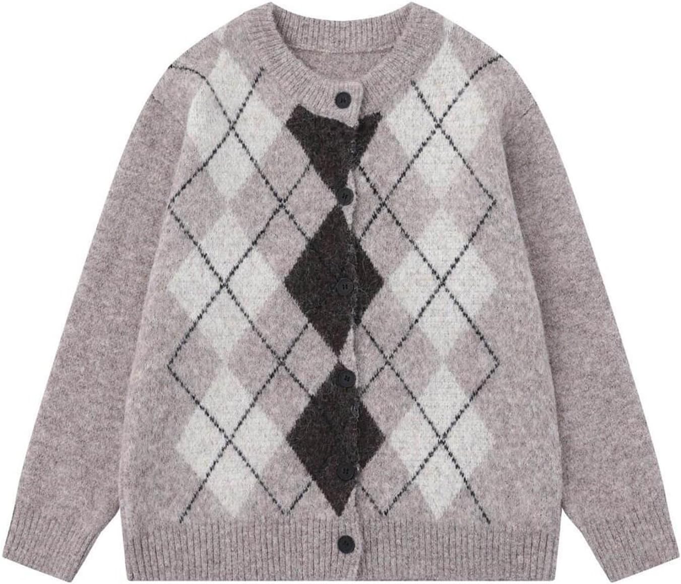 71YIZgaH87L._AC_SL1500_.jpg Women’s Vintage Argyle Knit Cardigan Preppy Style Button Down Sweater with Long Sleeves - Image 1