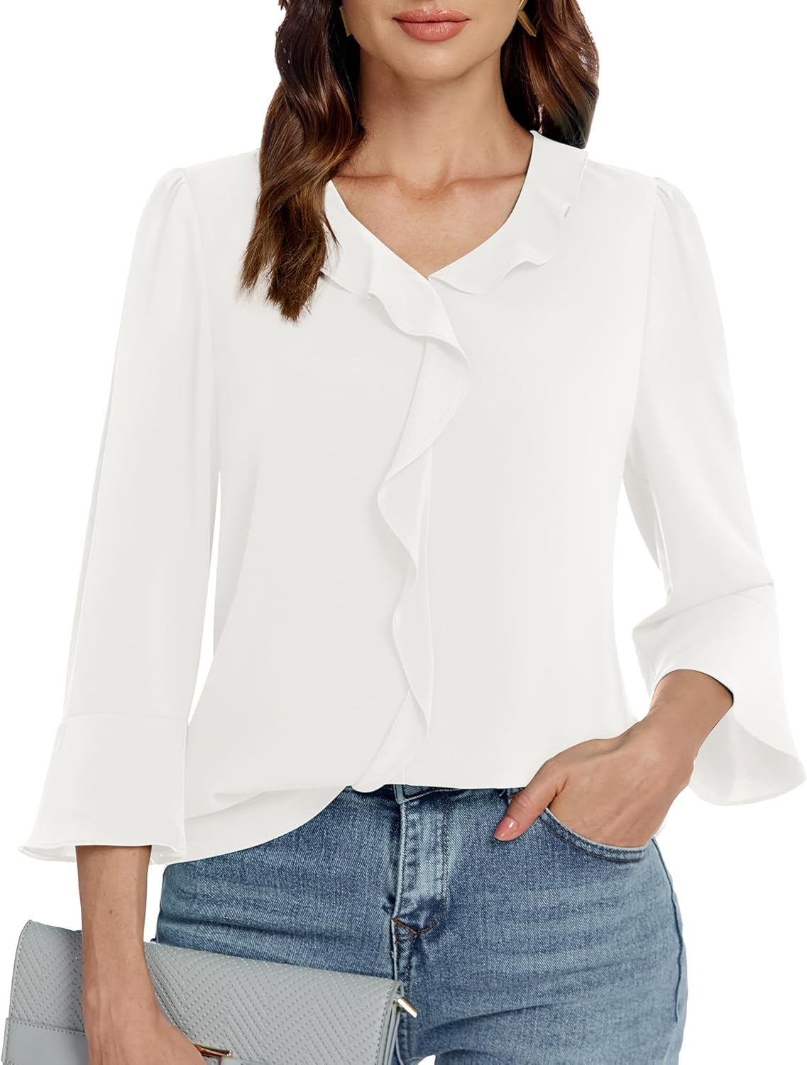 71g8fo3QoUL._AC_SL1500_.jpg Womens 3/4 Length Sleeve Tops V Neck Dressy Casual Blouses Tunic Trendy Business Office Ruffle Work Shirts - Image 1