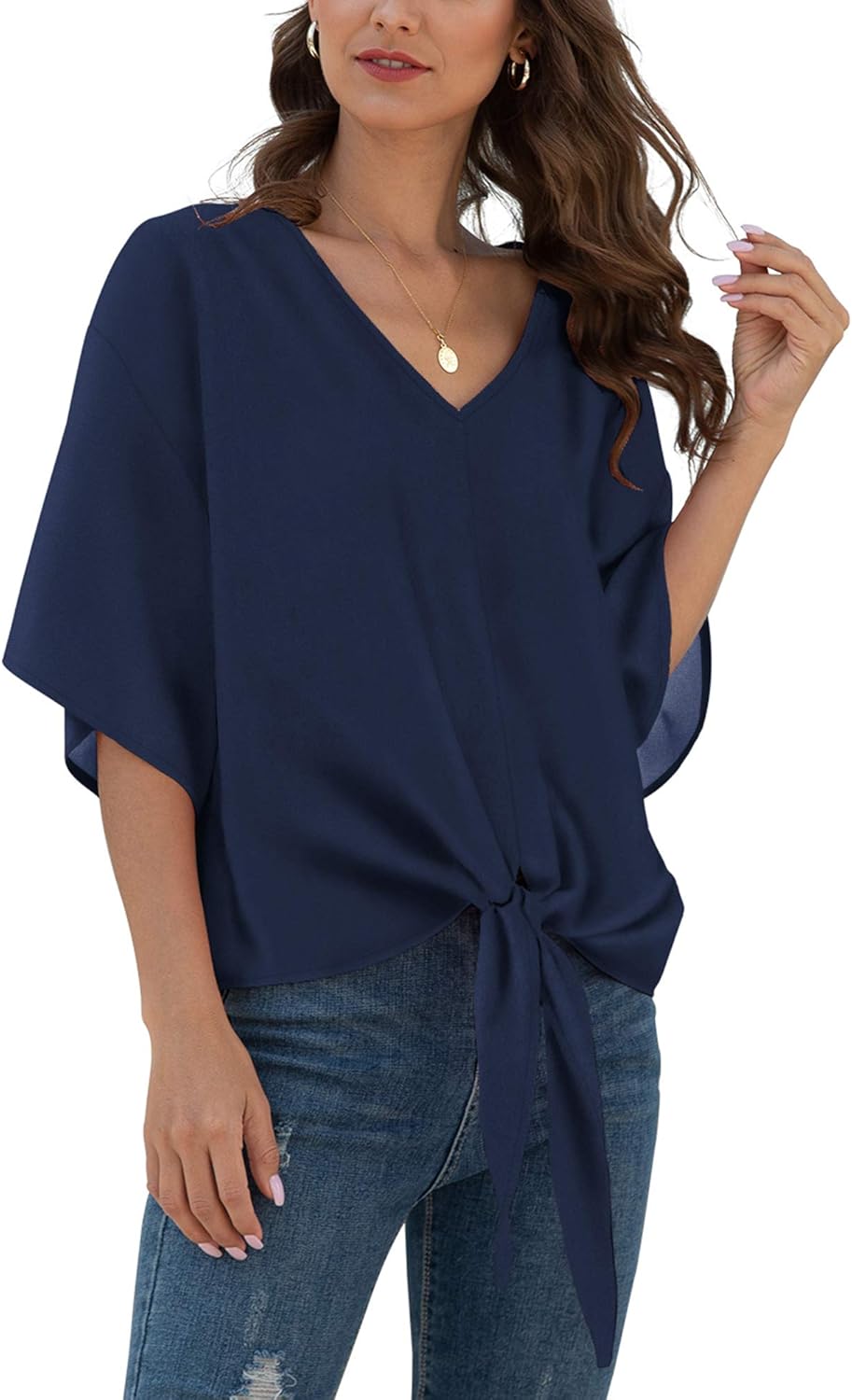 71mnEOZZUpL._AC_SL1500_.jpg Womens Tie Front Chiffon Blouses V Neck Batwing Short Sleeve Summer Floral Tops Shirts - Image 1