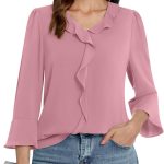 Womens 3/4 Length Sleeve Tops V Neck Dressy Casual Blouses Tunic Trendy Business Office Ruffle Work Shirts