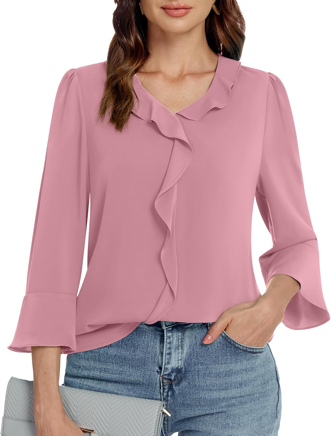 71zPcHcBxiL._AC_SL1500_.jpg Womens 3/4 Length Sleeve Tops V Neck Dressy Casual Blouses Tunic Trendy Business Office Ruffle Work Shirts - Image 1
