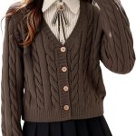 Women's 2 in 1 Cable Knit Cardigan College Style Chunky Sweater Long Sleeve Preppy Knitwear