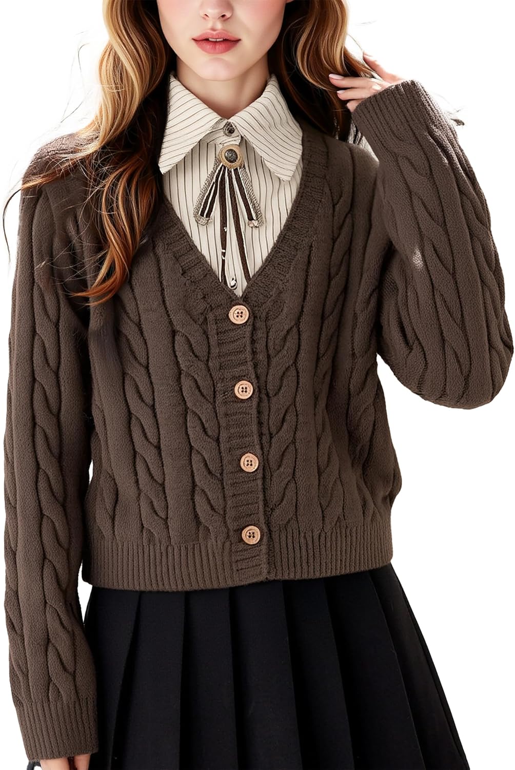 819wob53JOL._AC_SL1500_.jpg Women's 2 in 1 Cable Knit Cardigan College Style Chunky Sweater Long Sleeve Preppy Knitwear - Image 1