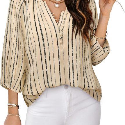 Womens Blouses Dressy Casual V Neck 3/4 Sleeve Tops Fashion Boho Chiffon Button Down Shirts
