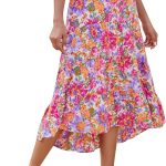 Women Long Skirts  Floral Elastic High Waist Asymmetrical Hem Midi Skirt