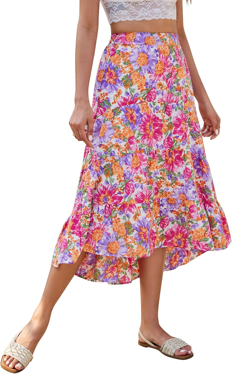 81FViZzqDiL._AC_SL1500_.jpg Women Long Skirts Floral Elastic High Waist Asymmetrical Hem Midi Skirt - Image 1