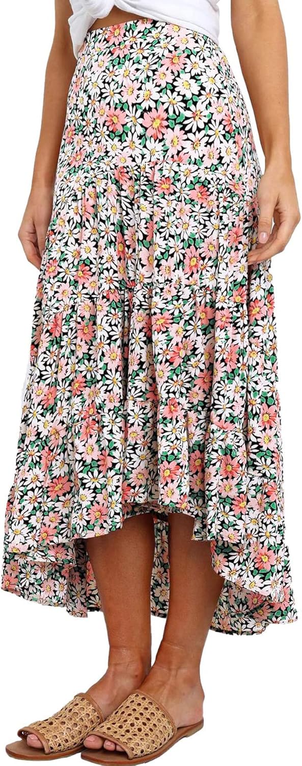 81JRA2vtm6L._AC_SL1500_.jpg Women Long Skirts Floral Elastic High Waist Asymmetrical Hem Midi Skirt - Image 1