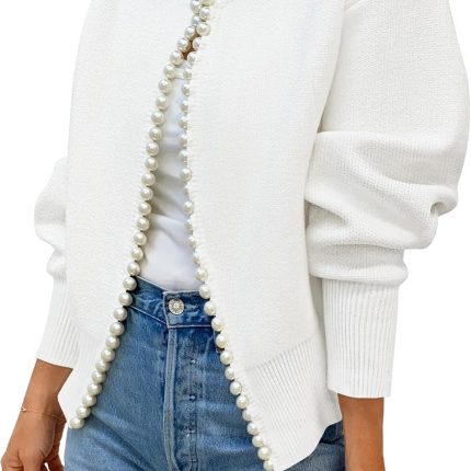 Women's Open Front Cardigan Sweater  Fall Casual Knitted Long Sleeve Pearls Trim Outerwear Coat Trendy Clothes