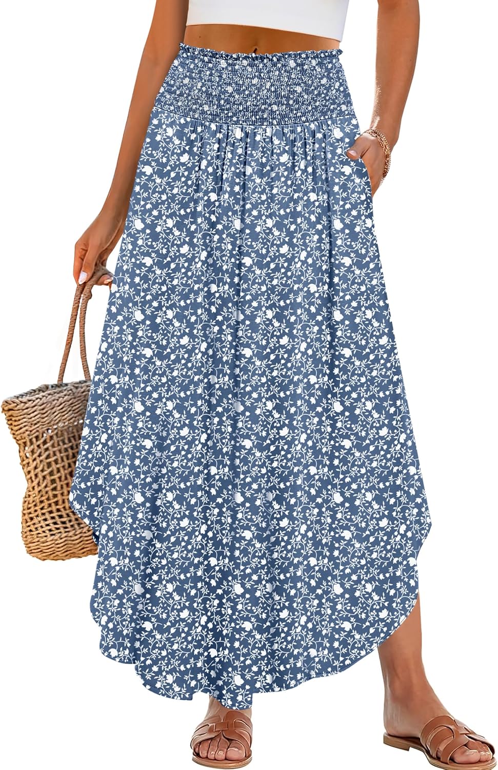 91xyq00nj9L._AC_SL1500_.jpg Women Maxi Skirts Summer Floral High Waisted Flowy Swing Pleated Beach Long Skirt with Pockets - Image 1